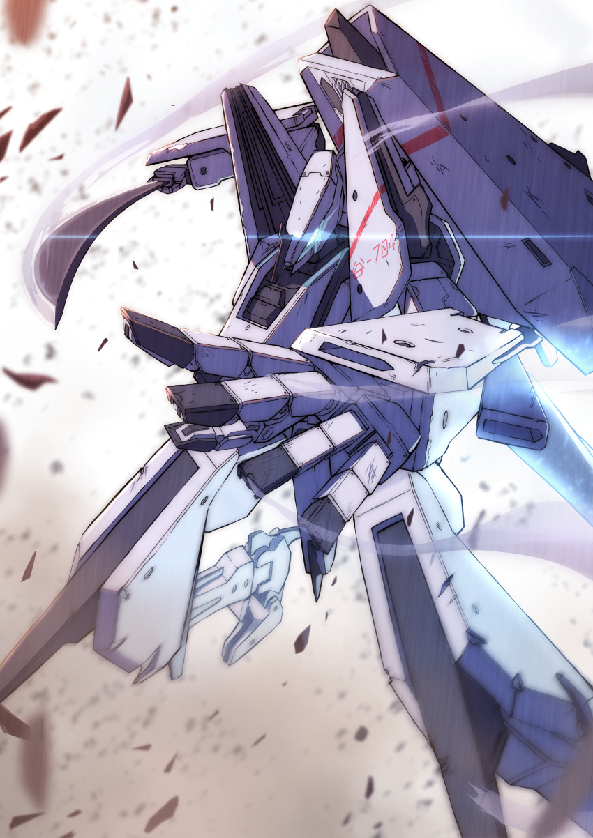 absurdres arema blue_eyes commentary_request debris fighting_stance foreshortening glowing glowing_eye highres holding holding_sword holding_weapon light_trail mecha morito_(sidonia_no_kishi) no_humans open_hand outstretched_arms robot science_fiction sidonia_no_kishi solo sword tsugumori weapon