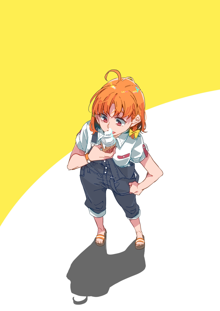 1girl absurdres ahoge blue_overalls blush bow braid commentary_request eating food full_body hair_bow highres ice_cream kashikaze love_live! love_live!_sunshine!! making-of_available medium_hair orange_hair overalls red_eyes shadow shirt short_sleeves side_braid simple_background solo takami_chika tongue tongue_out two-tone_background white_background white_shirt yellow_background yellow_bow