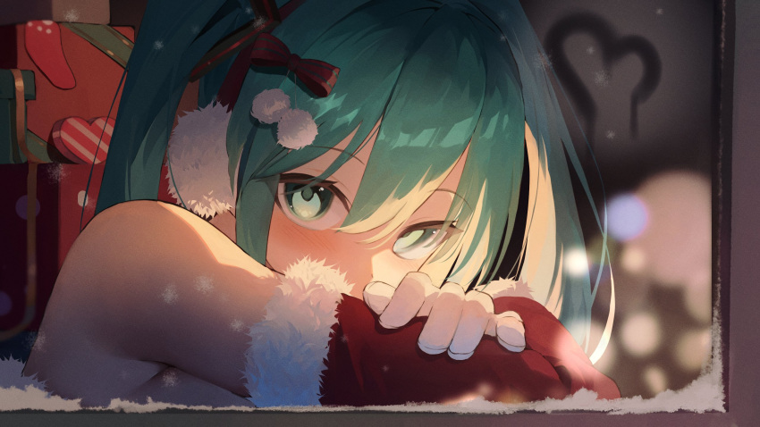 1girl aqua_eyes aqua_hair bare_shoulders blurry blush bokeh bow box christmas commentary covered_mouth depth_of_field detached_sleeves earmuffs from_outside fur-trimmed_sleeves fur_trim gift gift_box gloves hair_between_eyes hair_bow hair_ornament hatsune_miku heart highres long_sleeves looking_at_viewer looking_outside portrait red_bow red_sleeves shun'ya_(daisharin36) snow solo vocaloid white_gloves window winter