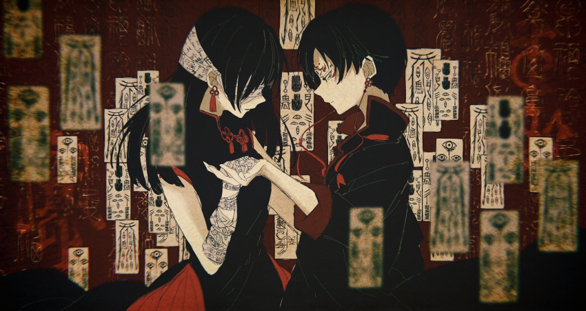 1girl 1other black_dress black_hair blindfold china_dress chinese_clothes dress earrings facial_mark forehead_mark highres holding_hands jewelry long_hair original red_background short_hair talisman washiya0