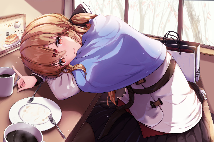 1girl absurdres black_bow black_pantyhose black_skirt blue_shawl blush bow brown_eyes brown_hair coffee cup fingernails fork hair_between_eyes hair_bow hair_ornament hairclip highres jacket kantai_collection long_hair looking_at_viewer low_twintails open_mouth pantyhose plate pleated_skirt red_shirt shawl shirt sitting skirt smile solo sudachineko tashkent_(kancolle) twintails white_jacket