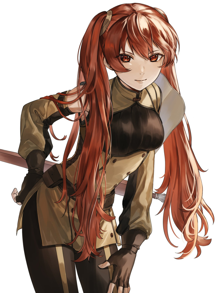 1girl abinosu0903 black_pantyhose breasts commentary cowboy_shot dress eyelashes fire_emblem fire_emblem_awakening hand_on_own_hip highres leaning_forward long_hair looking_at_viewer pantyhose red_eyes redhead severa_(fire_emblem) sheath sheathed short_dress simple_background smile solo sword sword_on_back turtleneck twintails weapon weapon_on_back white_background