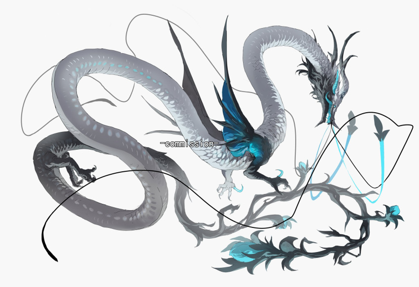 animal_focus blue_eyes branch claws commission dragon eastern_dragon fangs fins from_side full_body highres horns monster no_humans open_mouth original profile scales sharp_teeth simple_background solo tail talons teeth whiskers white_background xiaopizi32439