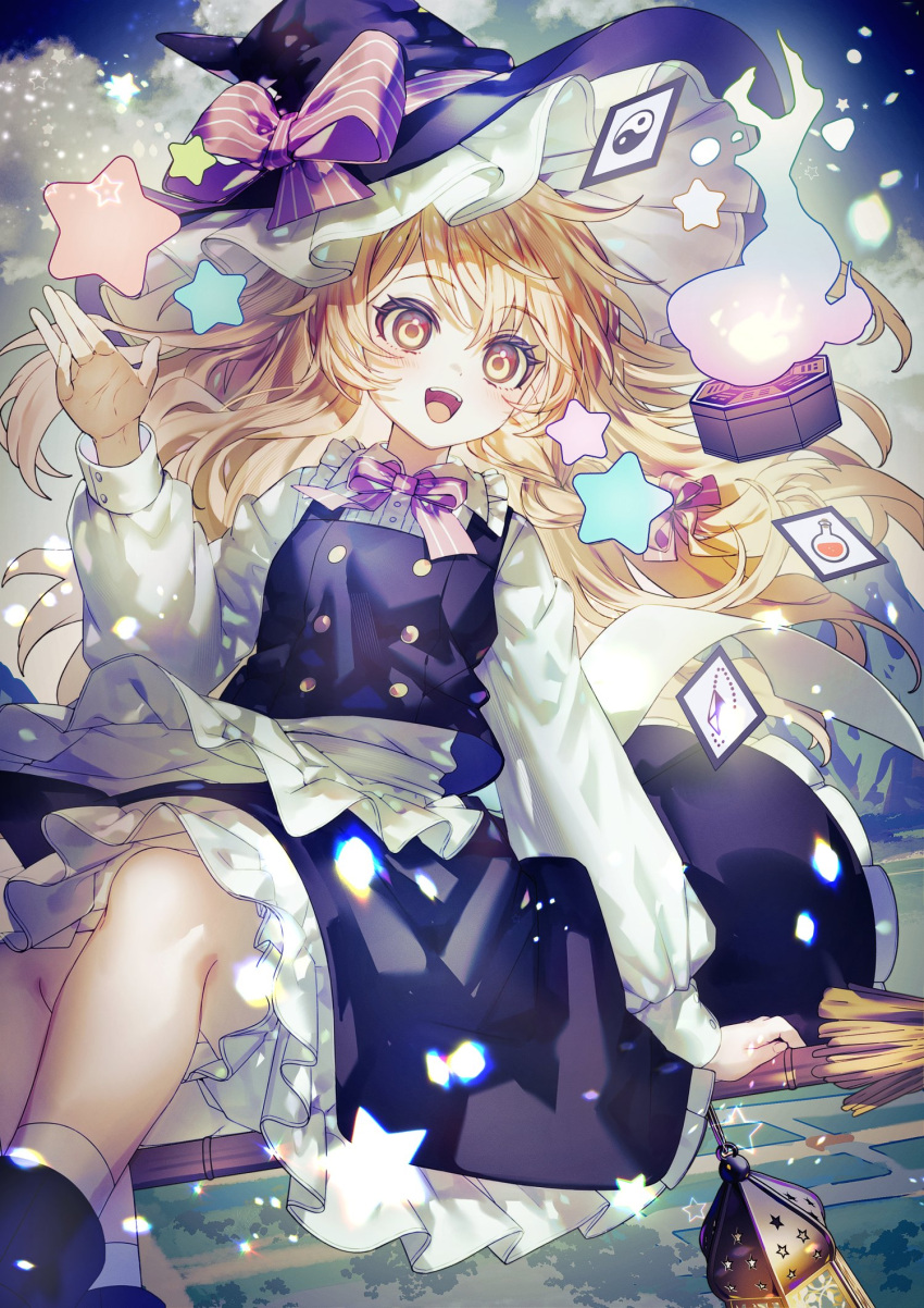 1girl :d black_footwear black_skirt black_vest blonde_hair bow broom broom_riding card clouds collared_shirt commentary_request feet_out_of_frame frilled_shirt_collar frills hand_up hat hat_bow here_(hr_rz_ggg) highres kirisame_marisa lantern long_hair long_sleeves looking_at_viewer mini-hakkero open_mouth orange_eyes outdoors petticoat pink_bow shirt skirt smile socks solo star_(symbol) touhou very_long_hair vest white_shirt white_socks witch_hat yin_yang