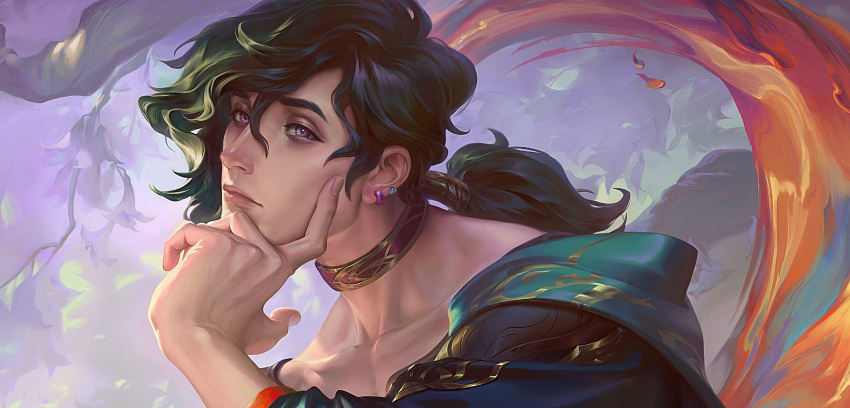 1boy bich_hoan branch close-up closed_mouth collarbone fingernails green_eyes hand_on_own_chin highres hwei_(league_of_legends) leaf league_of_legends long_hair looking_ahead male_focus ponytail sidelocks solo swept_bangs upper_body violet_eyes
