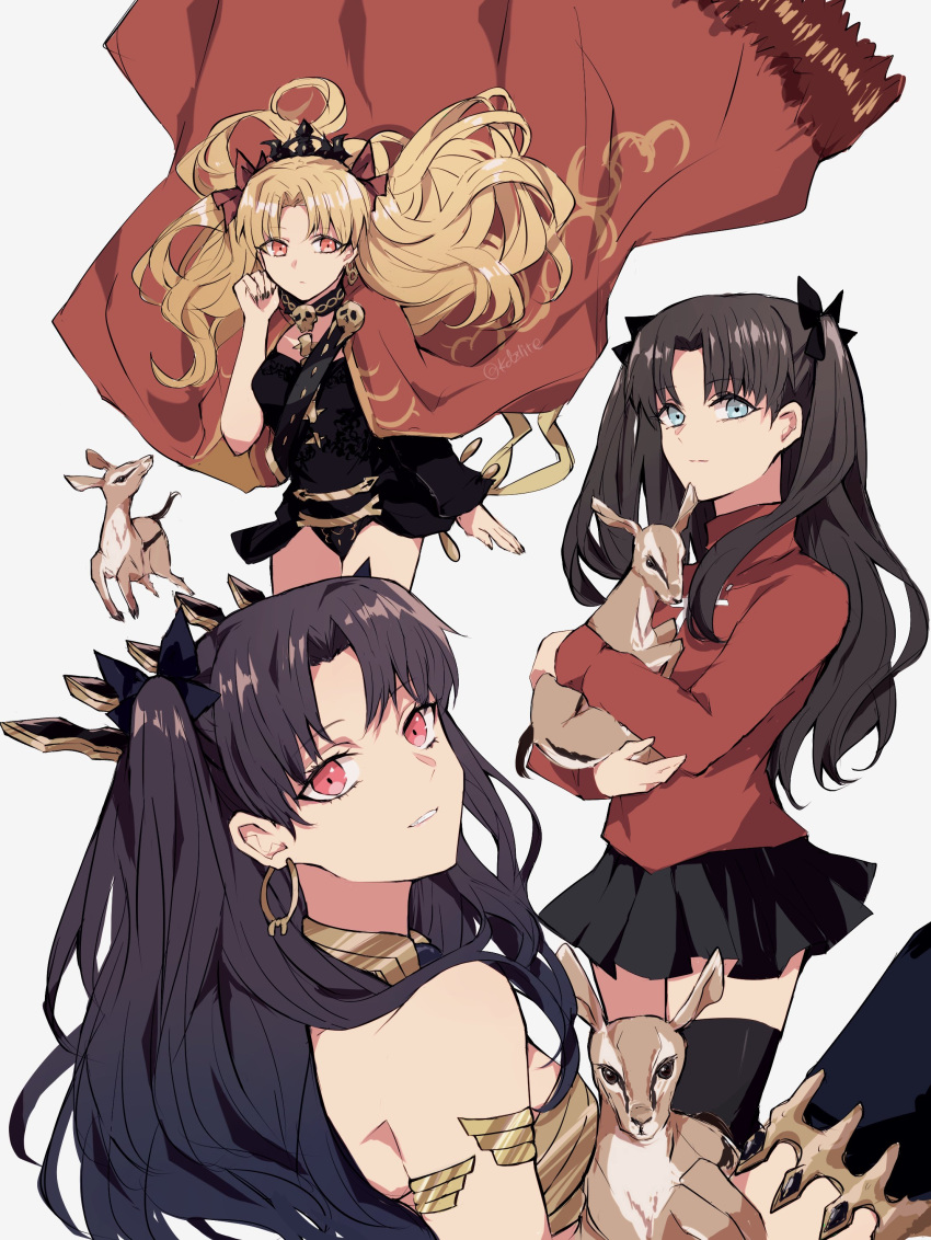 3girls absurdres animal black_hair black_leotard black_ribbon black_thighhighs blonde_hair blue_eyes cape closed_mouth commentary_request deer earrings ereshkigal_(fate) expressionless fate/grand_order fate/stay_night fate_(series) floating_hair gold_trim grin hair_ribbon highres hoop_earrings ishtar_(fate) jewelry leotard long_sleeves looking_at_viewer miniskirt multiple_girls parted_bangs pleated_skirt red_cape red_eyes red_sweater ribbon simple_background single_sleeve skirt smile sodamachi sweater thigh-highs tiara tohsaka_rin twitter_username two_side_up white_background