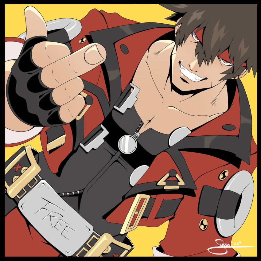 1boy black_gloves brown_eyes brown_hair fingerless_gloves forehead_protector gloves guilty_gear guilty_gear_strive headband highres its_just_suppi jacket long_hair looking_at_viewer male_focus middle_finger muscular muscular_male red_jacket simple_background smile sol_badguy spiky_hair upper_body yellow_background