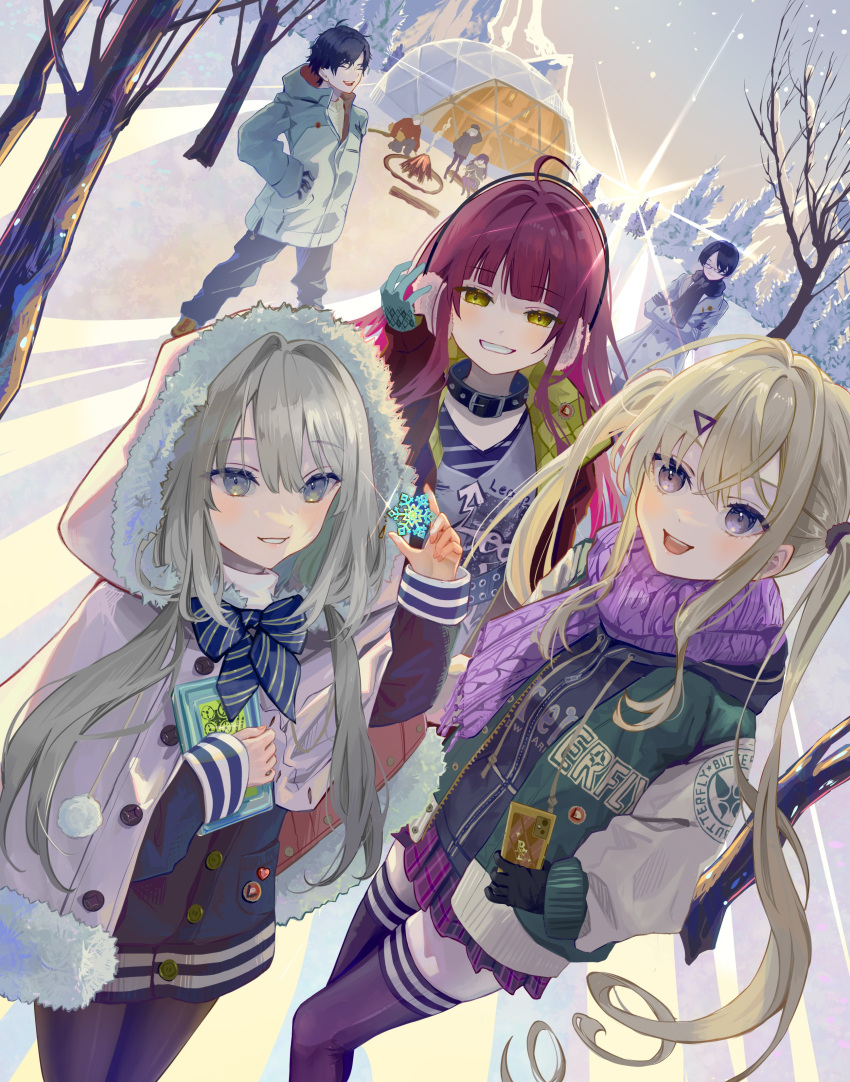 2boys 3girls :d absurdres ahoge bare_tree belt_collar black_gloves black_hair black_pantyhose black_thighhighs blonde_hair blue_bow blunt_bangs blush book bow coat collar commentary_request cowboy_shot crossed_bangs dutch_angle earmuffs eyelashes feet_out_of_frame fingernails fujikawa_mia fur-trimmed_hood fur_trim gloves grey_eyes grey_hair grin hair_between_eyes hair_intakes hair_ornament hairclip hand_on_earmuffs hand_up happy headphones highres hiruda_kiriko holding holding_book hood hood_up ito_lab long_hair looking_at_viewer loopers low_twintails machimura_reona miniskirt multiple_boys multiple_girls open_mouth outdoors pantyhose plaid plaid_skirt pleated_skirt purple_scarf redhead saimon_takaaki scarf short_hair side-by-side sidelocks skirt sleeves_past_wrists smile snow snowflakes snowing standing sunset taira_akira teeth thigh-highs tree tsurime twintails upper_teeth_only very_long_hair violet_eyes white_coat winter winter_clothes yellow_eyes zettai_ryouiki