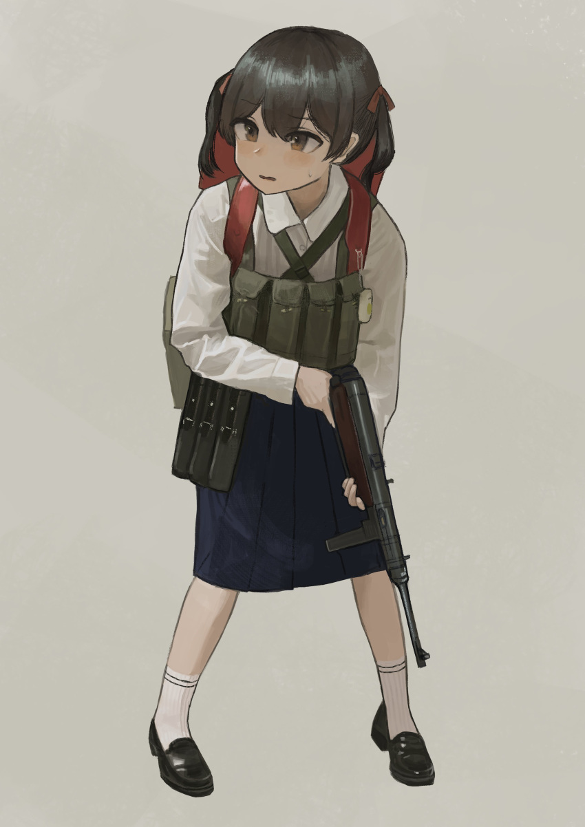 1girl absurdres ammunition_pouch backpack bag black_footwear black_hair blue_skirt chest_rig dog_tags garoppui gun hair_ribbon highres loafers looking_to_the_side mp38 open_mouth original pleated_skirt pouch randoseru ribbon school_uniform shirt shoes short_twintails simple_background skirt socks striped striped_socks submachine_gun sweatdrop twintails weapon white_shirt white_socks