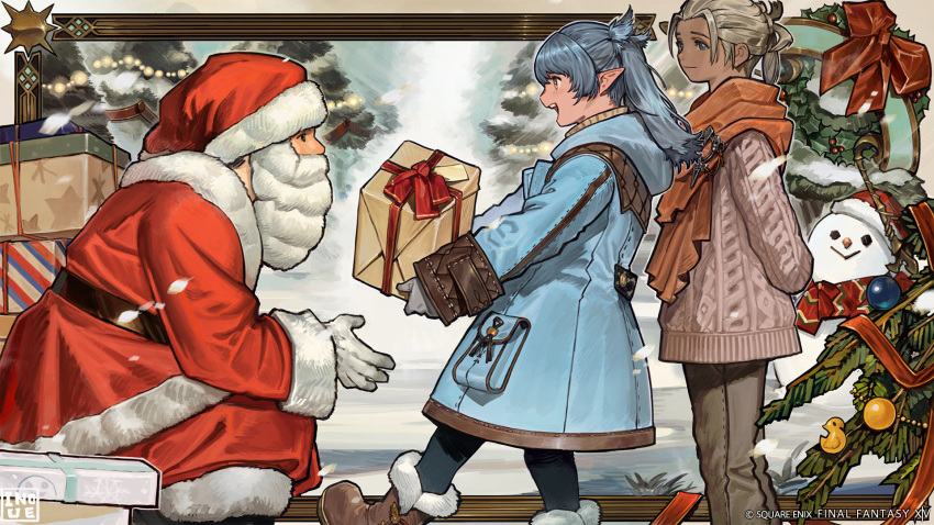 3girls :&gt; :d bearded_lady_(ff14) black_pantyhose blue_dress blue_eyes blue_hair boots brown_eyes brown_footwear brown_pants child christmas_tree closed_mouth dress elezen elf fake_beard fake_facial_hair final_fantasy final_fantasy_xiv fur-trimmed_boots fur_trim gift gloves hat highres holding holding_gift long_sleeves masayoshi_inoue multiple_girls official_art pants pantyhose pointy_ears santa_claus santa_hat smile snowman squatting white_gloves