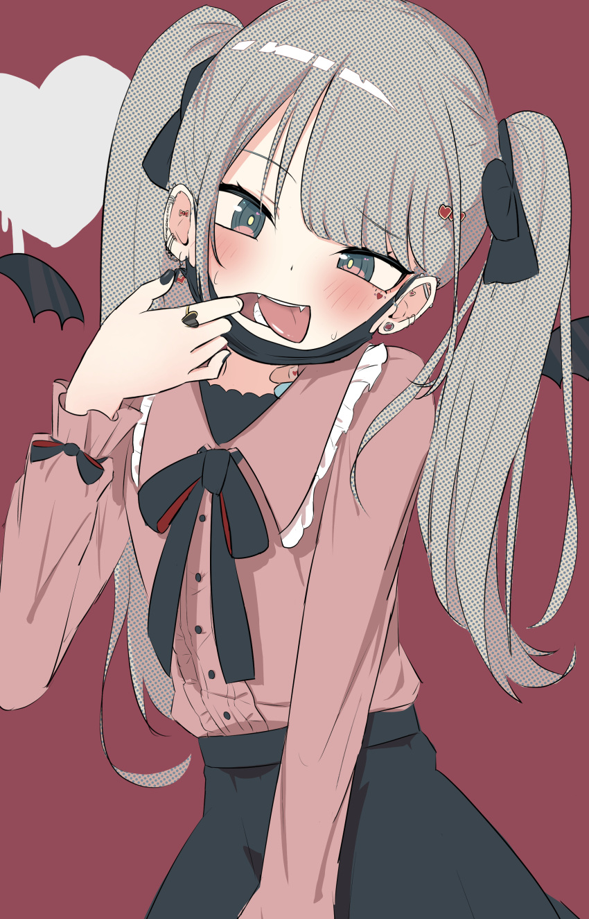 1girl absurdres bandaid bandaid_on_neck bat_wings black_bow black_mask black_skirt blush bow detached_wings fangs finger_in_own_mouth frilled_shirt_collar frills hair_bow halftone_texture hatsune_miku heart highres jewelry long_hair looking_at_viewer official_alternate_costume pink_shirt raised_eyebrow red_background ring shirt skirt solo spiral_(udon) tongue tongue_out twintails upper_body vampire vampire_(vocaloid) very_long_hair vocaloid wings