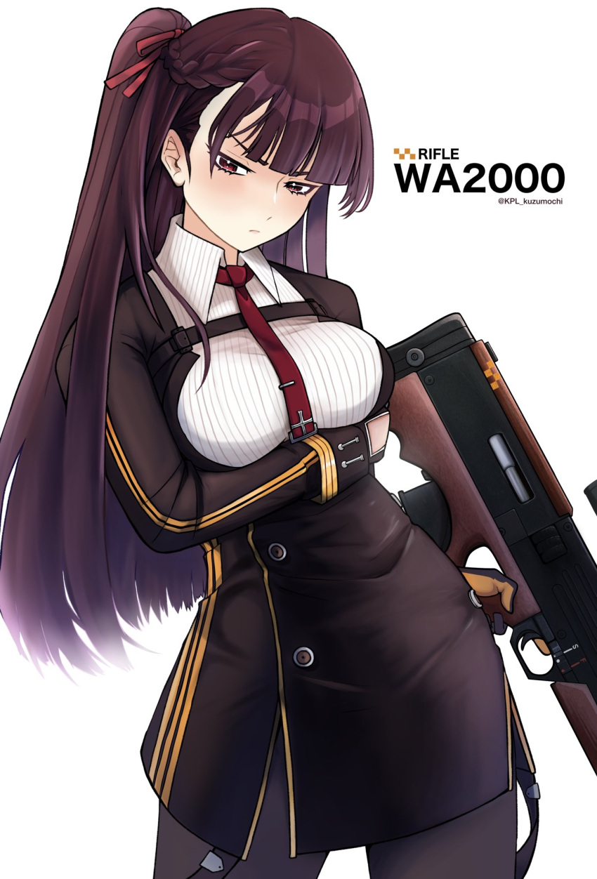1girl artist_name black_gloves black_pantyhose braid breast_hold breasts bullpup character_name commentary_request cowboy_shot french_braid girls_frontline gloves gun hair_ribbon highres holding holding_gun holding_weapon kpl_kuzumochi long_hair looking_at_viewer necktie one_side_up pantyhose purple_hair red_eyes red_necktie ribbon rifle sniper_rifle solo two-tone_gloves wa2000_(girls'_frontline) walther walther_wa_2000 weapon white_background yellow_gloves