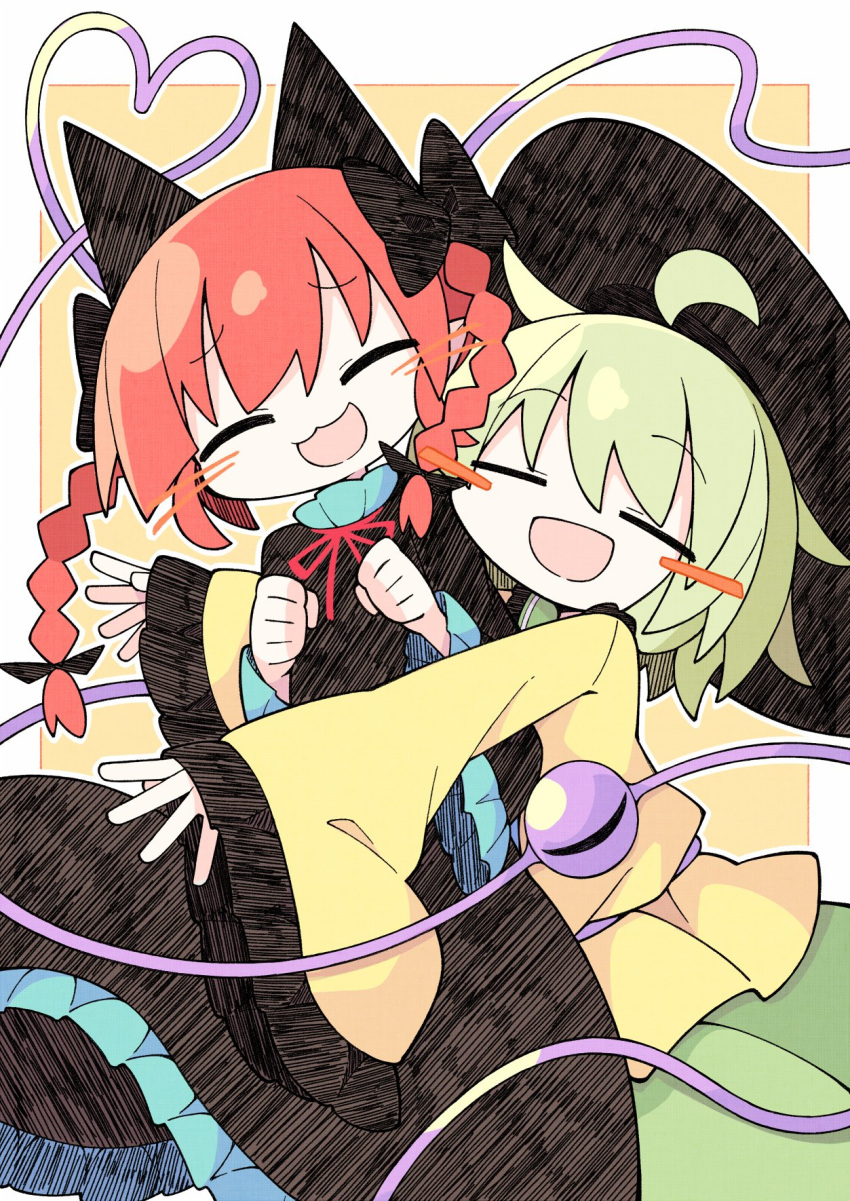 2girls :3 :d ^_^ ahoge animal_ears asameshi black_bow black_dress black_headwear blush_stickers bow cat_ears cat_girl closed_eyes commentary_request cowboy_shot dress facing_viewer frilled_sleeves frills green_hair green_skirt happy heart heart_of_string highres hug hug_from_behind kaenbyou_rin komeiji_koishi long_hair long_sleeves multiple_girls neck_ribbon open_mouth red_ribbon redhead ribbon shirt skirt smile touhou twintails wide_sleeves yellow_shirt