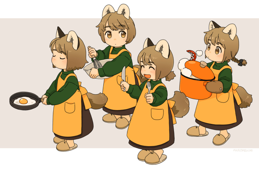 4girls ^_^ akai_sashimi animal_ears apron black_bow bow bowl braid brown_eyes brown_footwear brown_hair brown_skirt closed_eyes closed_mouth cooking_pot dog_ears dog_girl dog_tail food fork fried_egg frying_pan full_body green_sweater grey_background hair_bow holding holding_bowl holding_cooking_pot holding_fork holding_frying_pan holding_knife holding_whisk knife letterboxed long_sleeves looking_at_viewer matching_outfits medium_hair multiple_girls open_mouth original outside_border oven_mitts short_hair short_ponytail simple_background skirt slippers smile standing steam sweater tail tentacles whisk yellow_apron