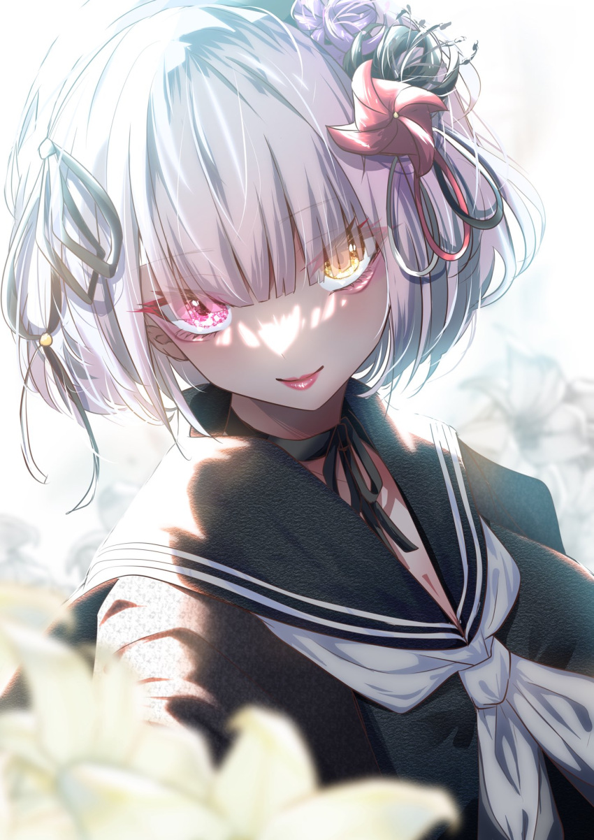 1girl assault_lily backlighting black_choker black_hairband black_ribbon black_sailor_collar black_shirt blunt_bangs blurry blurry_background blurry_foreground bow_hairband breasts choker closed_mouth commentary_request floral_background flower hair_between_eyes hair_flower hair_ornament hair_ribbon hairband heterochromia highres houji_tea_latte kou_no_hana light_smile long_sleeves looking_at_viewer medium_breasts neckerchief pink_eyes purple_flower ribbon ribbon_choker sailor_collar school_uniform serafuku shirt short_hair solo upper_body white_background white_flower white_neckerchief yellow_eyes yellow_flower