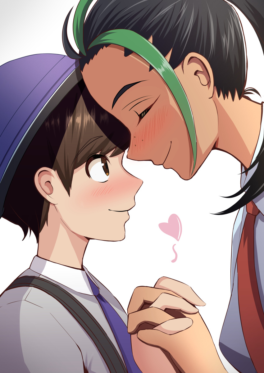 1boy 1girl absurdres black_hair blush brown_eyes brown_hair closed_eyes closed_mouth collared_shirt commentary_request commission florian_(pokemon) freckles from_side green_hair grey_shirt hand_up hat heart height_difference hetero highres holding_hands looking_at_another michinoku_(hfsa3775) multicolored_hair necktie nemona_(pokemon) orange_necktie pixiv_commission pokemon pokemon_sv ponytail purple_headwear purple_necktie school_uniform shirt short_hair simple_background smile strap two-tone_hair upper_body white_background