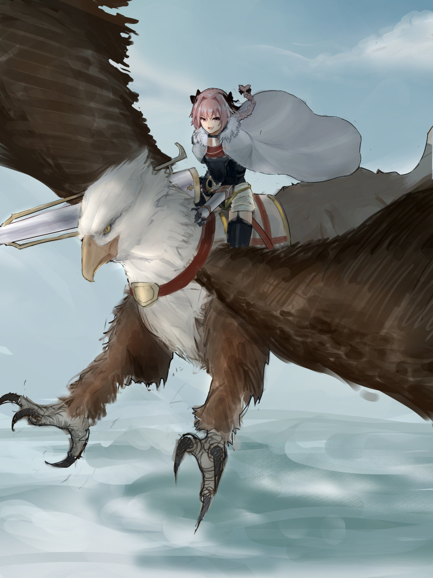 1boy absurdres animal armor astolfo_(fate) bird black_bow black_thighhighs bow braid cape day eagle fate/apocrypha fate_(series) flying fur-trimmed_cape fur_trim hair_bow highres holding holding_sword holding_weapon kowai_(iamkowai) long_braid male_focus outdoors oversized_animal pink_hair riding riding_animal solo sword thigh-highs violet_eyes weapon white_cape white_hair
