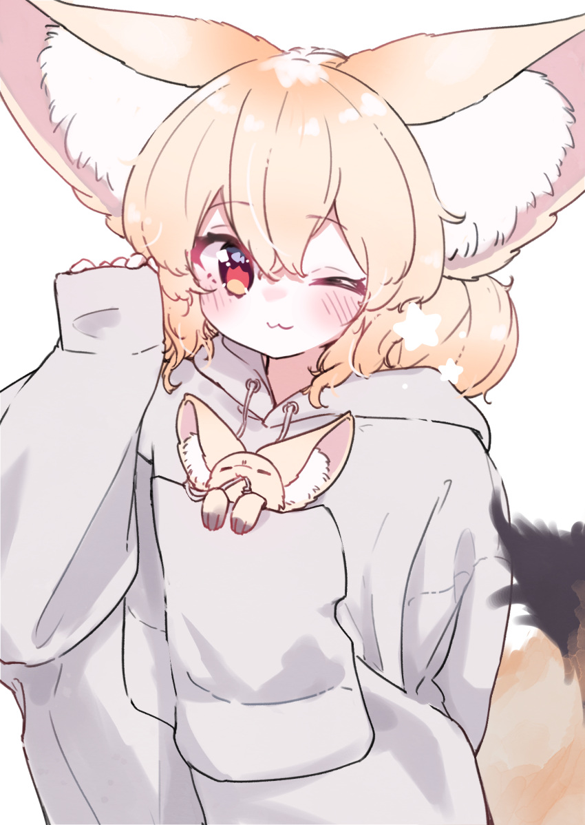 1girl animal animal_ear_fluff animal_ears arms_up blonde_hair blush closed_mouth commentary_request creature_and_personification drawstring fennec_fox fox_ears fox_girl fox_tail hair_between_eyes highres holding holding_animal large_ears long_sleeves looking_at_viewer megateru one_eye_closed original parted_lips puffy_long_sleeves puffy_sleeves red_eyes simple_background sleeping_animal sleeves_past_fingers sleeves_past_wrists solo tail upper_body white_background
