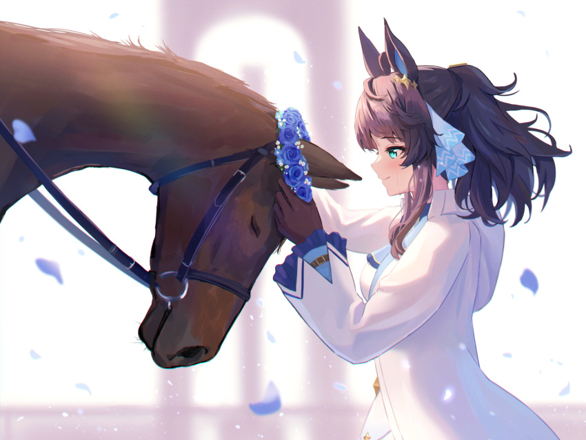 1girl animal_ears black_hair blurry blurry_background breasts commentary_request creature_and_personification crying crying_with_eyes_open daring_tact_(racehorse) daring_tact_(umamusume) flower gloves hair_ornament highres horse horse_ears horse_girl jacket kashmir_0808 medium_breasts medium_hair petals smile tears umamusume white_background