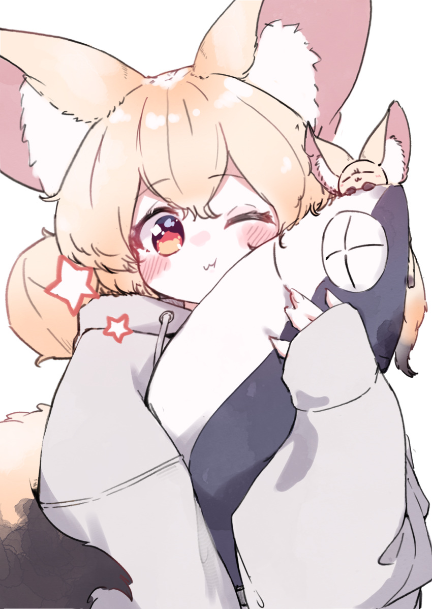 1girl :3 animal animal_ear_fluff animal_ears animal_hug blonde_hair blush closed_mouth commentary_request creature_and_personification double_bun drawstring fennec_fox fish fox_ears fox_girl fox_tail grey_hoodie hair_between_eyes hair_bun highres hood hood_down hoodie long_sleeves looking_at_viewer megateru one_eye_closed original puffy_long_sleeves puffy_sleeves red_eyes simple_background sleeves_past_wrists solo tail upper_body white_background x_x