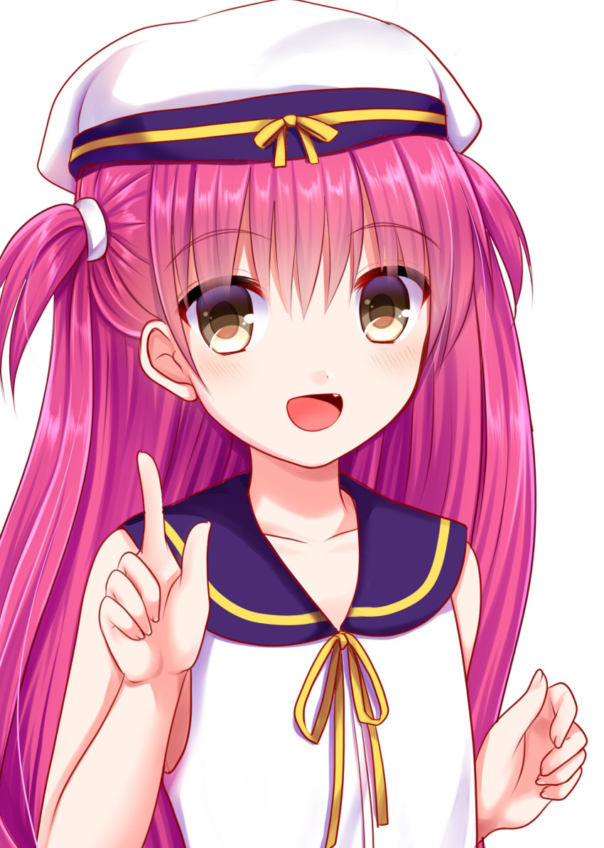 1girl 2019 :d akausagi blue_sailor_collar blush commentary_request dated_commentary dress eyes_visible_through_hair fang grey_eyes hair_between_eyes hand_up hat highres index_finger_raised katou_umi long_hair looking_at_viewer open_mouth purple_hair sailor_collar sailor_dress sailor_hat simple_background sleeveless sleeveless_dress smile solo summer_pockets two_side_up upper_body white_background white_dress white_headwear