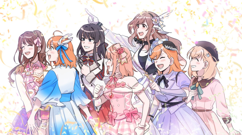 6+girls ahoge arm_at_side arm_up arm_warmers arms_at_sides bare_shoulders belt beret between_legs black_choker black_hair black_headwear blue_dress blue_eyes blue_ribbon blush bow bowtie breasts brown_eyes brown_hair buttons choker clenched_hands clenched_teeth closed_eyes collared_dress commentary_request confetti cross_tie crossed_bangs crossover dress drill_hair epaulettes flower frilled_dress frilled_wrist_cuffs frills from_side gem gloves gradient_clothes gradient_dress hair_bow hair_flower hair_ornament hair_ribbon hairband half_updo hand_between_legs hand_up hands_on_own_chest hat hat_feather highres hinoshita_kaho idol idol_clothes idolmaster idolmaster_cinderella_girls idolmaster_million_live! idolmaster_shiny_colors in-franchise_crossover jewelry link!_like!_love_live! long_hair long_sleeves love_live! love_live!_nijigasaki_high_school_idol_club love_live!_sunshine!! love_live!_superstar!! medium_bangs medium_hair mogami_shizuka multicolored_clothes multiple_girls neck_ribbon necktie official_alternate_costume official_alternate_hairstyle open_mouth orange_hair pink_choker pink_dress pink_necktie pink_skirt pito_(sh02327) purple_dress purple_skirt rabbit_hair_ornament red_gemstone red_skirt ribbon shibuya_kanon shimamura_uzuki shirt short_sleeves sidelocks simple_background single_epaulette skirt sleeve_cuffs sleeveless sleeveless_dress smile sparkle straight_hair striped striped_bow striped_bowtie striped_shirt swept_bangs takami_chika teeth tongue tsukioka_kogane uehara_ayumu undershirt upper_body upper_teeth_only walking white_background wrist_cuffs