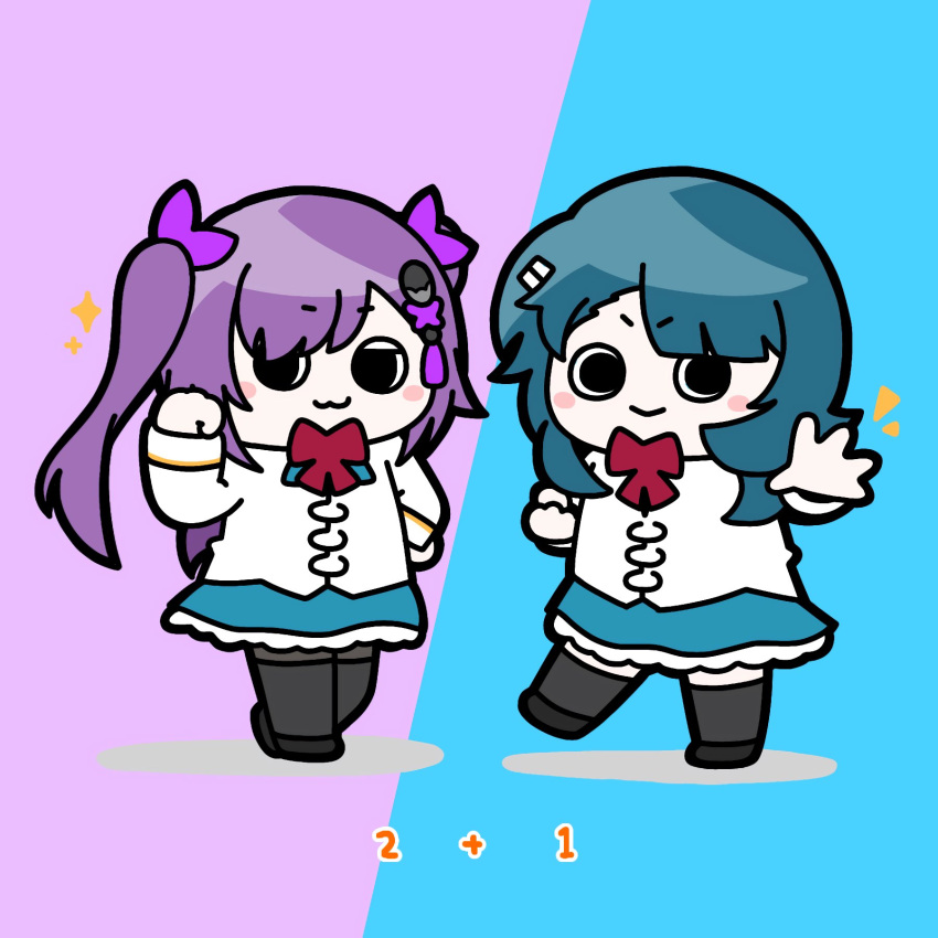 &gt;:) 2girls :&gt; :3 aizawa_kazuha assault_lily asymmetrical_hair black_footwear black_thighhighs blue_background blue_hair blue_skirt blush bow bowtie brown_pantyhose chibi closed_mouth commentary full_body hair_flip hair_ornament hair_ribbon hairclip half-closed_eyes hand_on_own_hip hands_up heel_up herensuge_girls_academy_school_uniform highres jacket konpeitoull_(c12h22o11_tr_6) leg_up long_hair long_sleeves looking_at_viewer math matsumura_fuuka medium_hair miniskirt multiple_girls notice_lines open_hand outstretched_arm pantyhose purple_background purple_hair purple_ribbon red_bow red_bowtie ribbon school_uniform shoes skirt smile solid_circle_eyes sparkle standing standing_on_one_leg tassel tassel_hair_ornament thigh-highs thighhighs_over_pantyhose twintails two-tone_background v-shaped_eyebrows white_jacket