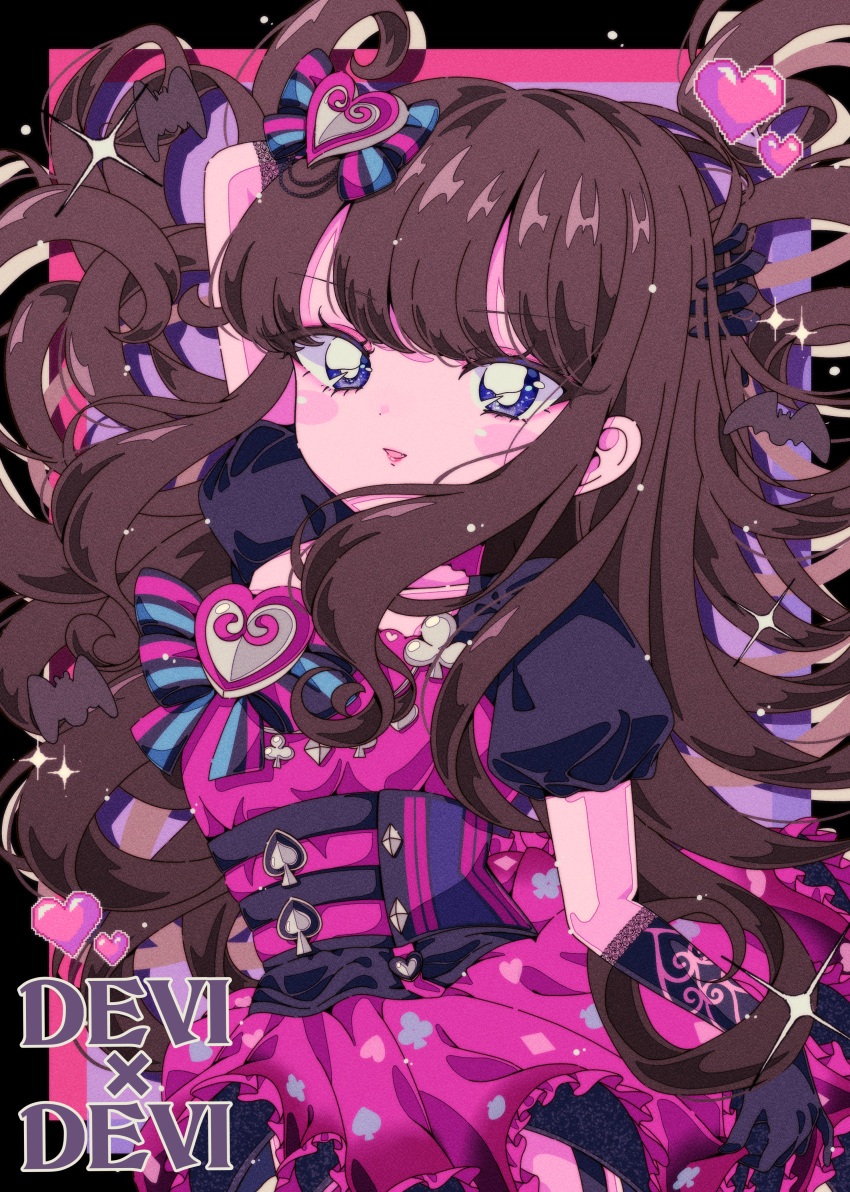 1girl absurdres arm_behind_back arm_up black_gloves blue_eyes blush bow brown_hair club_(shape) commentary_request diamond_(shape) dress eyeshadow floating_hair gloves hair_bow heart highres kurosu_aroma long_hair looking_at_viewer makeup milon_cas open_mouth pink_dress pink_eyeshadow pink_lips pretty_series print_dress pripara puffy_short_sleeves puffy_sleeves retro_artstyle short_sleeves smile solo spade_(shape) sparkle striped striped_bow