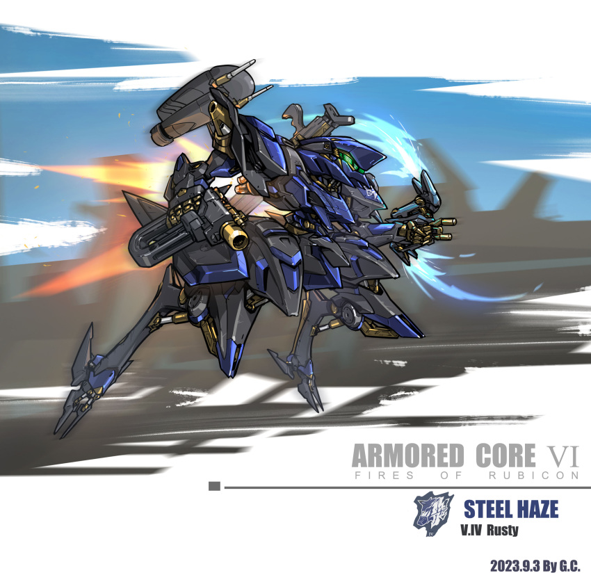 absurdres armored_core armored_core_6 character_name copyright_name dated double-blade energy_blade full_body gun highres holding holding_gun holding_weapon kingofdraw mecha mecha_focus missile_pod no_humans reverse-jointed_legs robot science_fiction standing steel_haze thrusters weapon