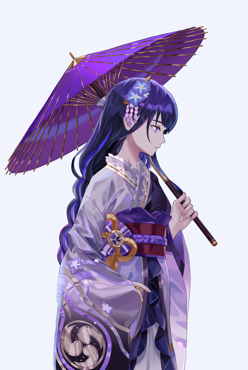 1girl absurdres commentary_request genshin_impact grey_background highres holding holding_umbrella long_hair mole mole_under_eye oil-paper_umbrella purple_hair purple_umbrella raiden_shogun reki_(user_rcrd4534) simple_background solo umbrella very_long_hair violet_eyes