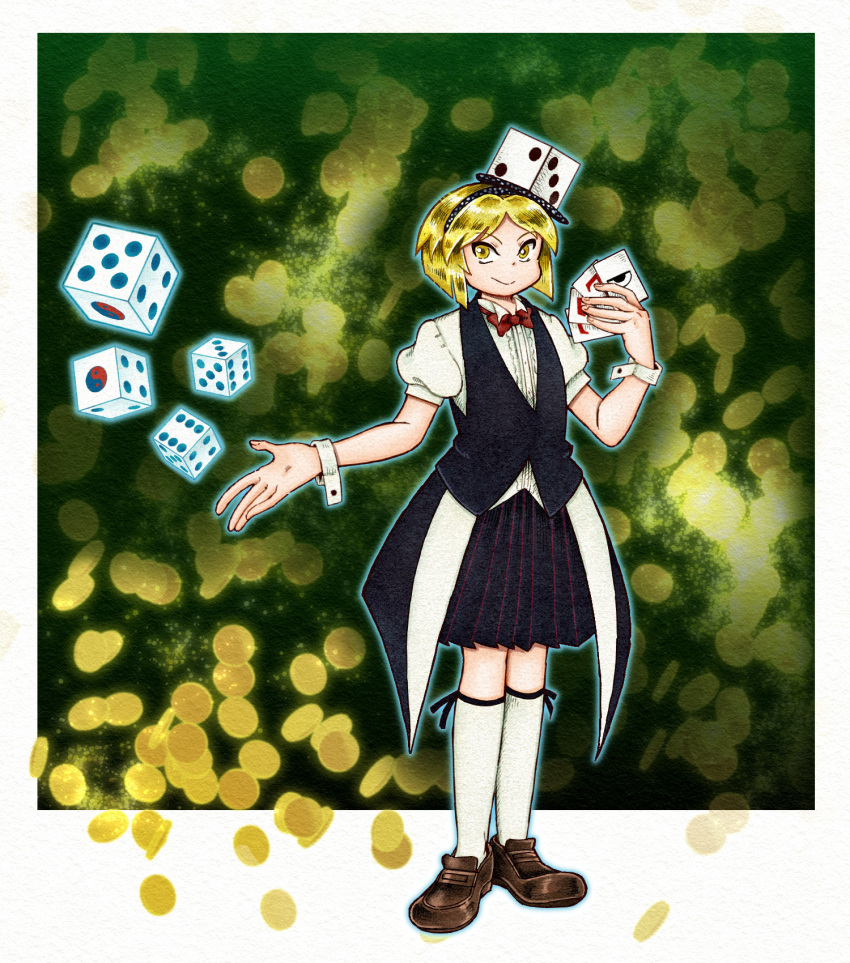 1other androgynous black_hairband black_skirt black_vest blonde_hair bow bowtie brown_footwear card chikafumikou closed_mouth commentary dice dice_hair_ornament full_body hair_ornament hairband highres holding holding_card kneehighs len'en other_focus pleated_skirt puffy_short_sleeves puffy_sleeves red_bow red_bowtie shirt short_hair short_sleeves skirt smile socks solo vest white_shirt white_socks white_wrist_cuffs wrist_cuffs xeno_a yellow_eyes