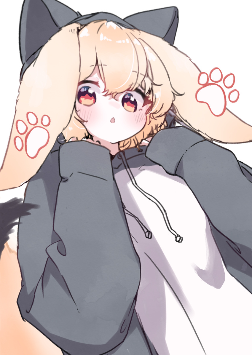 1girl animal_costume animal_ears blonde_hair blush cat_costume drawstring fox_ears fox_girl fox_tail hands_up highres hood hood_up large_ears megateru original paw_print red_eyes short_hair sleeves_past_wrists tail triangle_mouth upper_body