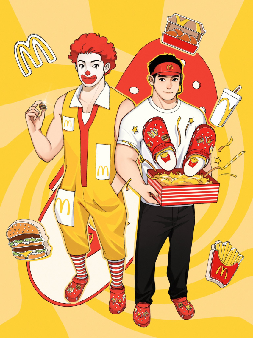 2boys afro badge black_hair black_pants box burger button_badge chioneoc clown crocs cup facepaint fast_food food french_fries full_body hand_in_pocket headset highres holding holding_box jumpsuit looking_at_viewer male_focus mcdonald's multiple_boys original pants pectoral_cleavage pectorals red_nose redhead ronald_mcdonald shirt smile socks star_(symbol) streamers striped striped_socks visor_cap white_shirt yellow_jumpsuit
