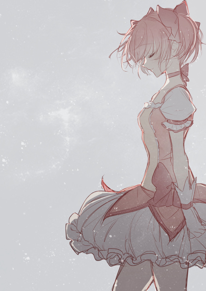 1girl absurdres bubble_skirt closed_eyes from_side gloves hair_ribbon highres kaname_madoka light_particles magical_girl mahou_shoujo_madoka_magica misteor pink_hair ribbon skirt smile solo soul_gem twintails white_gloves