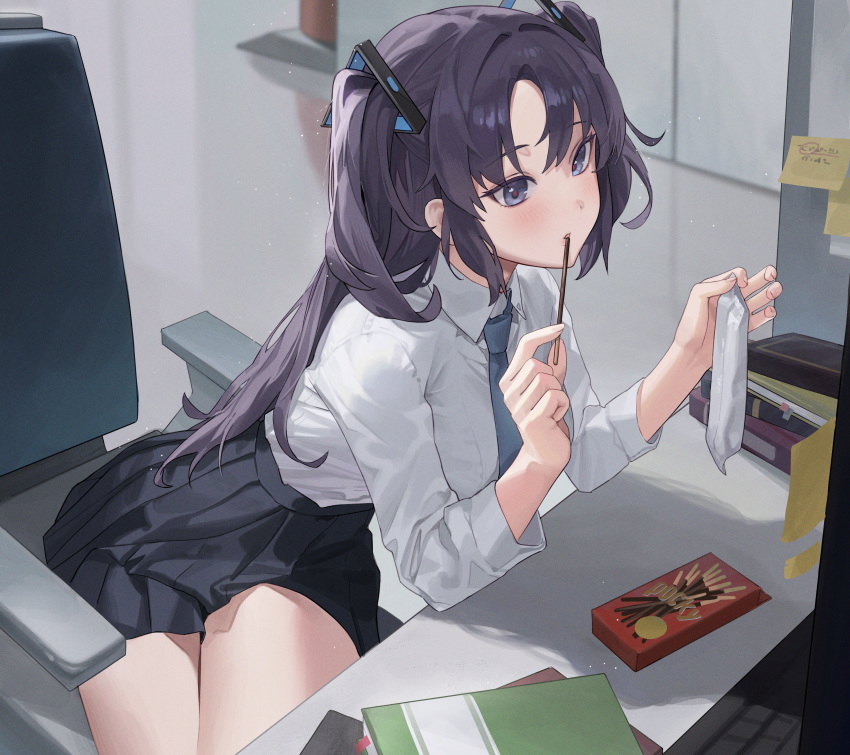 1girl absurdres black_skirt blue_archive blush breasts chair commentary_request dance_arm eating food halo highres holding holding_food holding_pocky indoors long_hair long_sleeves necktie office office_chair on_chair parted_lips pocky purple_hair shirt sitting skirt solo sticky_note swivel_chair two_side_up violet_eyes yuuka_(blue_archive)