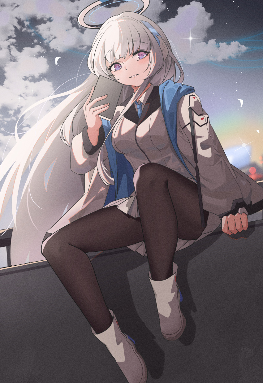 1girl absurdres black_pantyhose blue_archive blue_necktie boots breasts clouds cloudy_sky collared_shirt commentary_request full_body haixingren halo highres holding jacket long_hair long_sleeves looking_at_viewer mechanical_halo medium_breasts necktie night night_sky noa_(blue_archive) open_clothes open_jacket outdoors pantyhose parted_lips shirt sitting skirt sky solo star_(sky) starry_sky vest violet_eyes white_footwear white_hair white_jacket white_skirt white_vest