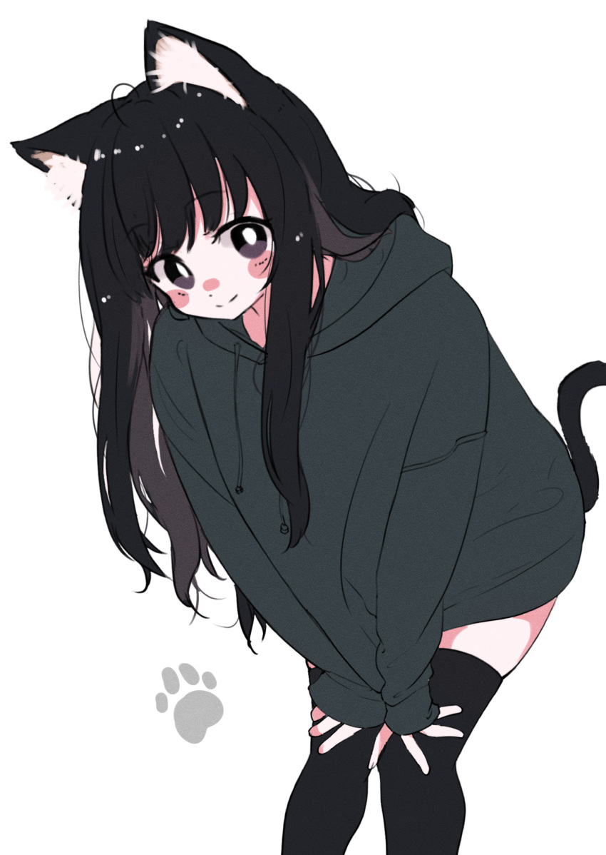 1girl animal_ears black_eyes black_hair black_hoodie blush cat_ears cat_girl cat_tail closed_mouth commentary_request eyelashes feet_out_of_frame hands_on_own_knees highres hood hoodie leaning_forward long_hair looking_at_viewer megateru messy_hair original oversized_clothes simple_background sleeves_past_wrists smile solo tail tareme thigh-highs white_background