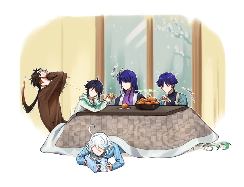 3boys 3girls ahoge alternate_costume black_hair blue_hair book braid brown_hair casual commentary_request contemporary day faceless faceless_female faceless_male food fruit furina_(genshin_impact) genshin_impact green_hair hands_on_own_face highres holding holding_book hood hood_down hoodie indoors kotatsu leaning_back leaning_forward long_hair long_sleeves looking_at_another low_ponytail lying mandarin_orange multicolored_hair multiple_boys multiple_girls nahida_(genshin_impact) nervous_sweating on_stomach open_book orange_(fruit) purple_hair raiden_shogun reading scaramouche_(genshin_impact) short_hair sitting snow sweat sweater table twin_braids two-tone_hair under_kotatsu under_table venti_(genshin_impact) very_long_hair wanderer_(genshin_impact) white_hair winter yuka_(pixiv38407039) zhongli_(genshin_impact)