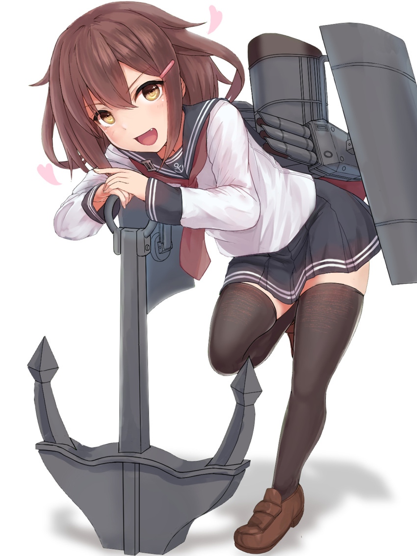 1girl anchor anchor_symbol black_sailor_collar black_skirt black_thighhighs blush brown_eyes brown_footwear brown_hair em_s fang hair_between_eyes heart highres ikazuchi_(kancolle) kantai_collection long_sleeves looking_at_viewer neckerchief open_mouth pleated_skirt red_neckerchief sailor_collar school_uniform serafuku shoes short_hair simple_background skirt smile solo standing standing_on_one_leg thigh-highs white_background