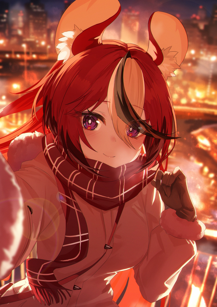 1girl absurdres animal_ear_fluff animal_ears black_gloves breasts breath brown_coat city_lights coat english_commentary gloves hair_between_eyes hakos_baelz highres hololive hololive_english jiang_ye_kiri long_hair looking_at_viewer medium_breasts mouse_ears mouse_girl mouse_tail multicolored_hair outdoors scarf smile solo streaked_hair tail virtual_youtuber white_hair