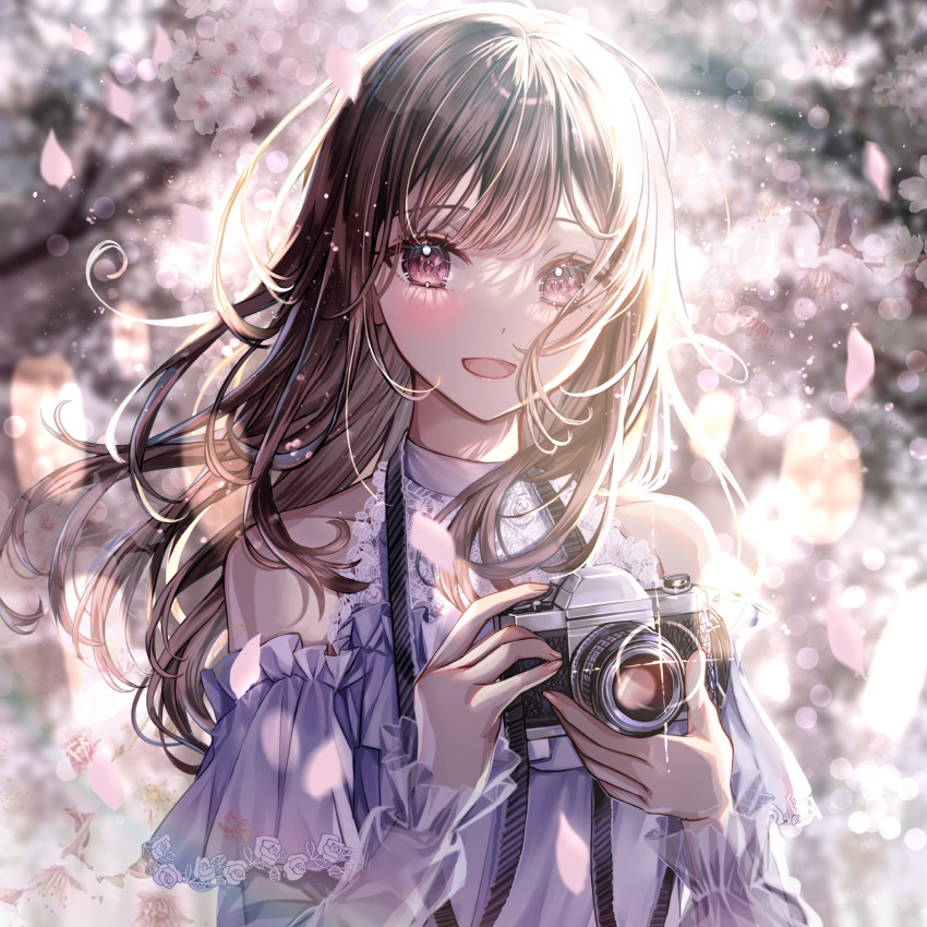 1girl blurry blurry_background bokeh brown_hair camera cherry_blossoms clothing_cutout commentary depth_of_field dress falling_petals frilled_dress frills hands_up highres holding holding_camera light_particles long_hair long_sleeves looking_at_viewer open_mouth original parted_bangs petals pink_petals purple_dress red_eyes sakura_(39ra) see-through see-through_sleeves self-upload shoulder_cutout smile solo sparkle symbol-only_commentary upper_body