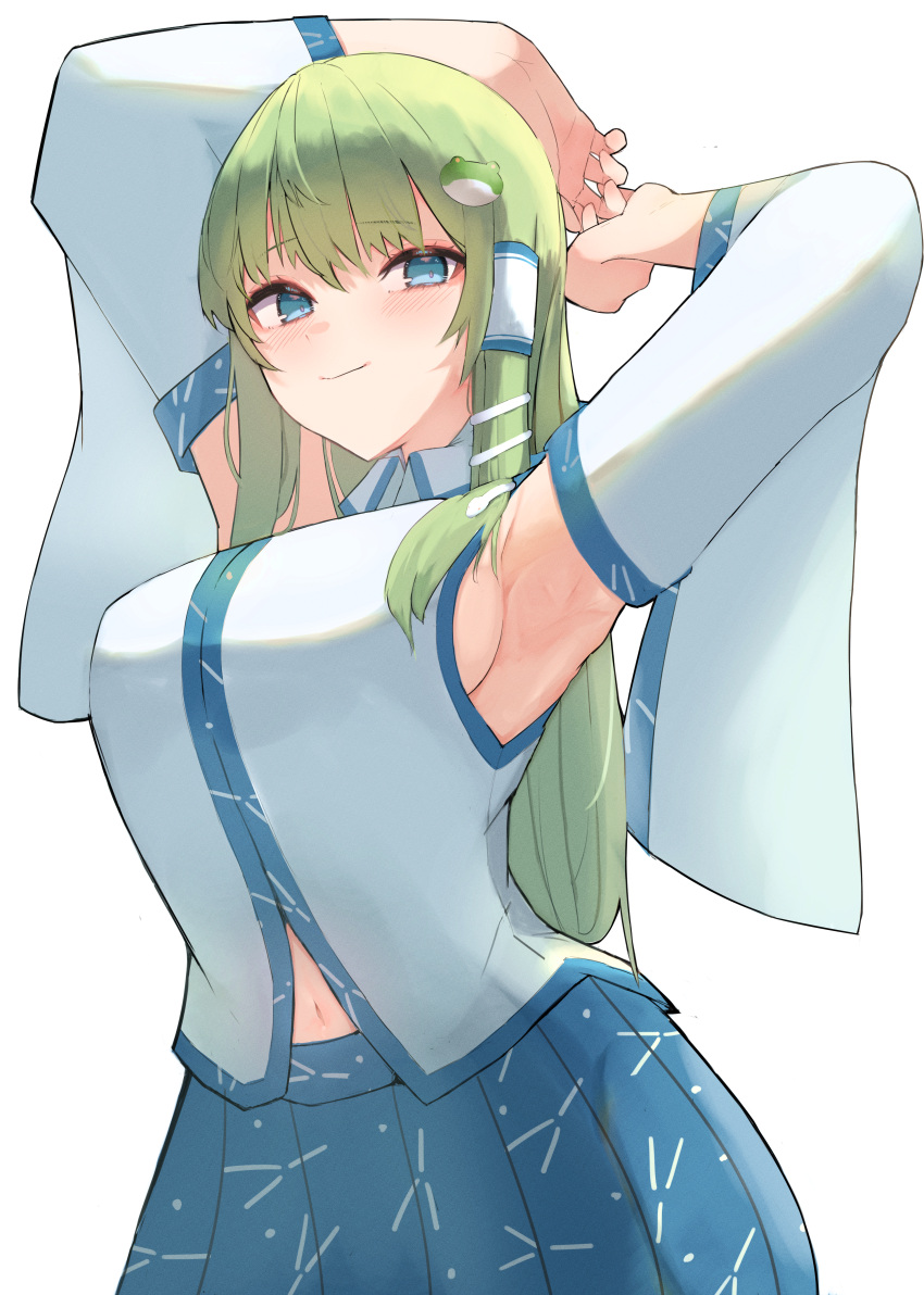 1girl absurdres arms_behind_head blue_eyes blue_skirt blush breasts detached_sleeves frog frog_hair_ornament green_hair hair_ornament hair_tubes highres kochiya_sanae large_breasts long_hair looking_at_viewer nontraditional_miko poru_(36016757) shirt single_hair_tube skirt smile snake snake_hair_ornament solo touhou upper_body white_background white_shirt