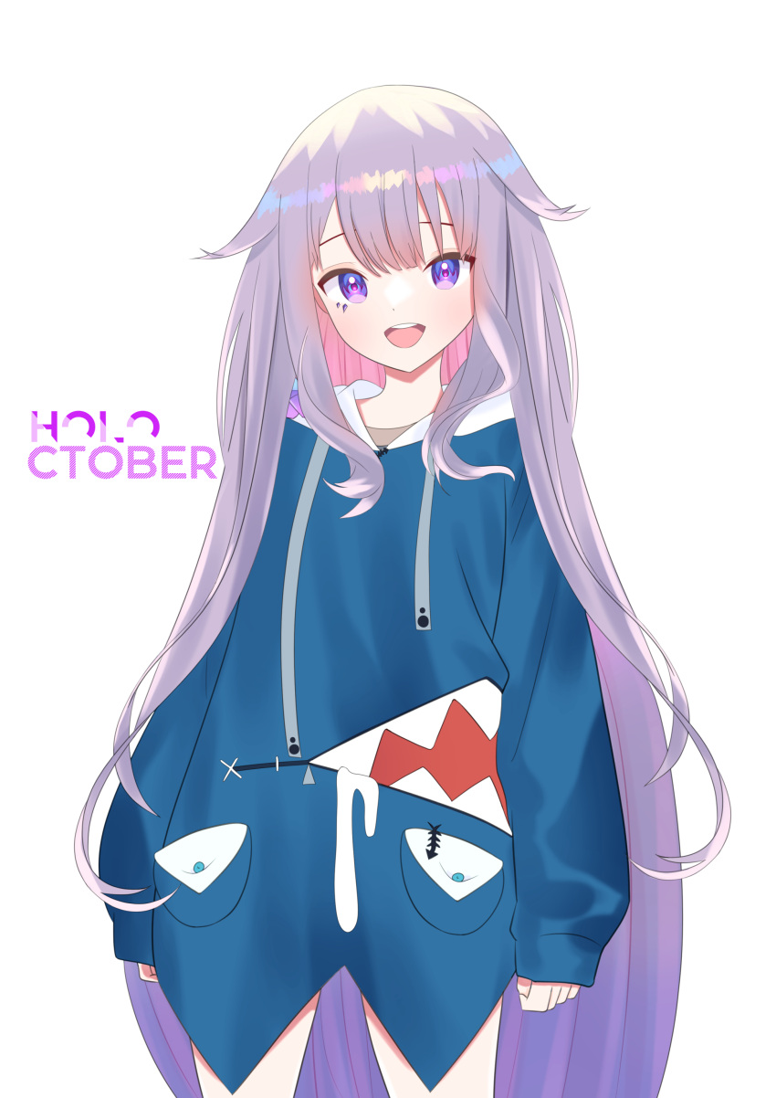 1girl :d absurdres amerainu animal_costume blue_hoodie colored_inner_hair cosplay gawr_gura gawr_gura_(1st_costume) gawr_gura_(cosplay) grey_hair highres hololive hololive_english hood hoodie jewel_under_eye koseki_bijou long_hair looking_at_viewer multicolored_hair non-web_source purple_hair shark_costume smile solo source_request violet_eyes virtual_youtuber white_background