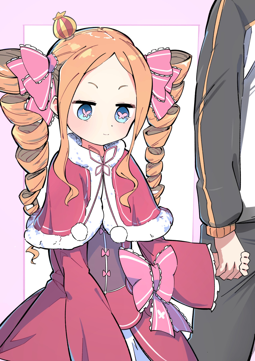 1boy 1girl absurdres beatrice_(re:zero) black_jacket black_pants blonde_hair blue_eyes border bow butterfly-shaped_pupils capelet crown dress dress_bow drill_hair frilled_dress frilled_sleeves frills fur-trimmed_capelet fur_trim hair_ribbon hanten_(hantennano) highres holding_hands jacket long_hair mini_crown multicolored_clothes multicolored_jacket natsuki_subaru pants parted_bangs pink_border pink_bow pink_ribbon re:zero_kara_hajimeru_isekai_seikatsu red_capelet red_dress ribbon sidelocks smile track_jacket track_pants twin_drills two-tone_jacket white_background white_jacket wide_sleeves