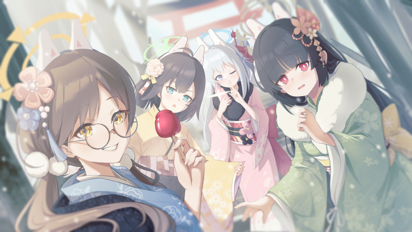 1152635131_(artist) 4girls absurdres alternate_costume animal_ears black_hair blue_archive blush brown_hair candy_apple cellphone fake_animal_ears flower food fur-trimmed_kimono fur_trim grey_hair hair_flower hair_ornament halo highres holding holding_phone japanese_clothes kimono looking_at_viewer miyako_(blue_archive) miyu_(blue_archive) moe_(blue_archive) multiple_girls outdoors phone rabbit_ears rabbit_platoon_(blue_archive) saki_(blue_archive) smile torii yukata