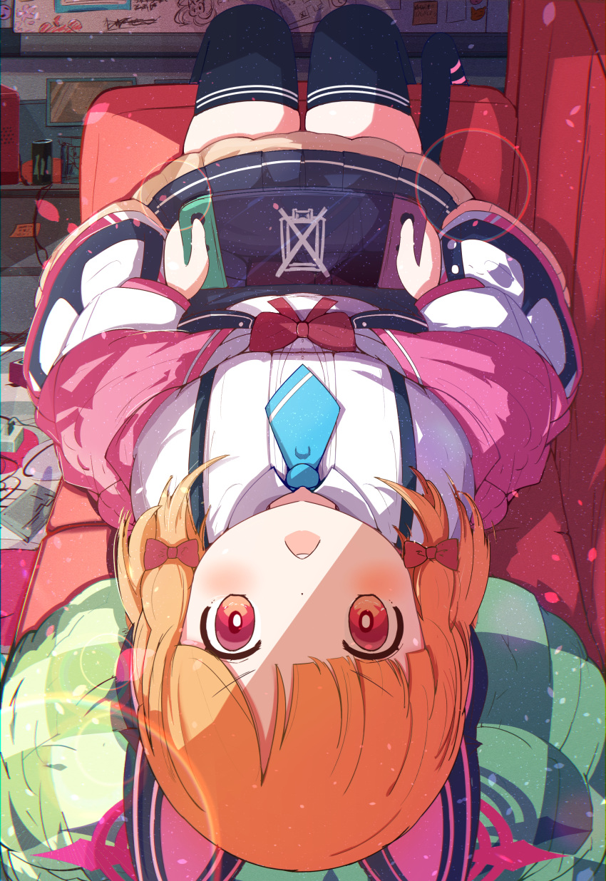 1girl absurdres animal_ear_headwear black_skirt black_thighhighs blonde_hair blue_archive blue_necktie bow chamoraile collared_shirt hair_bow halo handheld_game_console highres holding holding_handheld_game_console indoors jacket long_sleeves looking_at_viewer momoi_(blue_archive) necktie open_mouth pink_halo pleated_skirt red_bow red_eyes shirt short_hair skirt solo thigh-highs two-sided_fabric two-sided_jacket white_jacket white_shirt