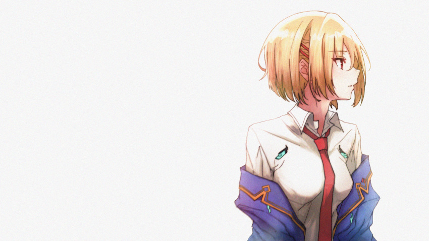1girl absurdres blazer blonde_hair blue_jacket collared_shirt hair_ornament hairclip heaven_burns_red highres jacket kayamori_ruka laula102 looking_afar necktie off_shoulder open_clothes open_jacket parted_lips red_eyes red_necktie school_uniform shirt solo upper_body white_background white_shirt
