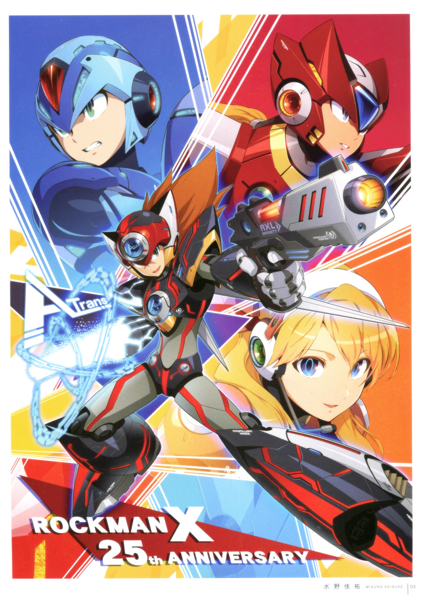 1girl 3boys absurdres alia_(mega_man) android anniversary armor artist_name axl_(mega_man) blonde_hair blue_eyes bodysuit brown_hair clenched_teeth copyright_name full_body green_eyes headset helmet highres holding holding_weapon joints long_hair looking_at_viewer mega_man_(series) mega_man_x_(series) mizuno_keisuke multiple_boys official_art open_mouth page_number parted_lips robot_joints scan scar scar_on_face simple_background smile teeth weapon x_(mega_man) zero_(mega_man)