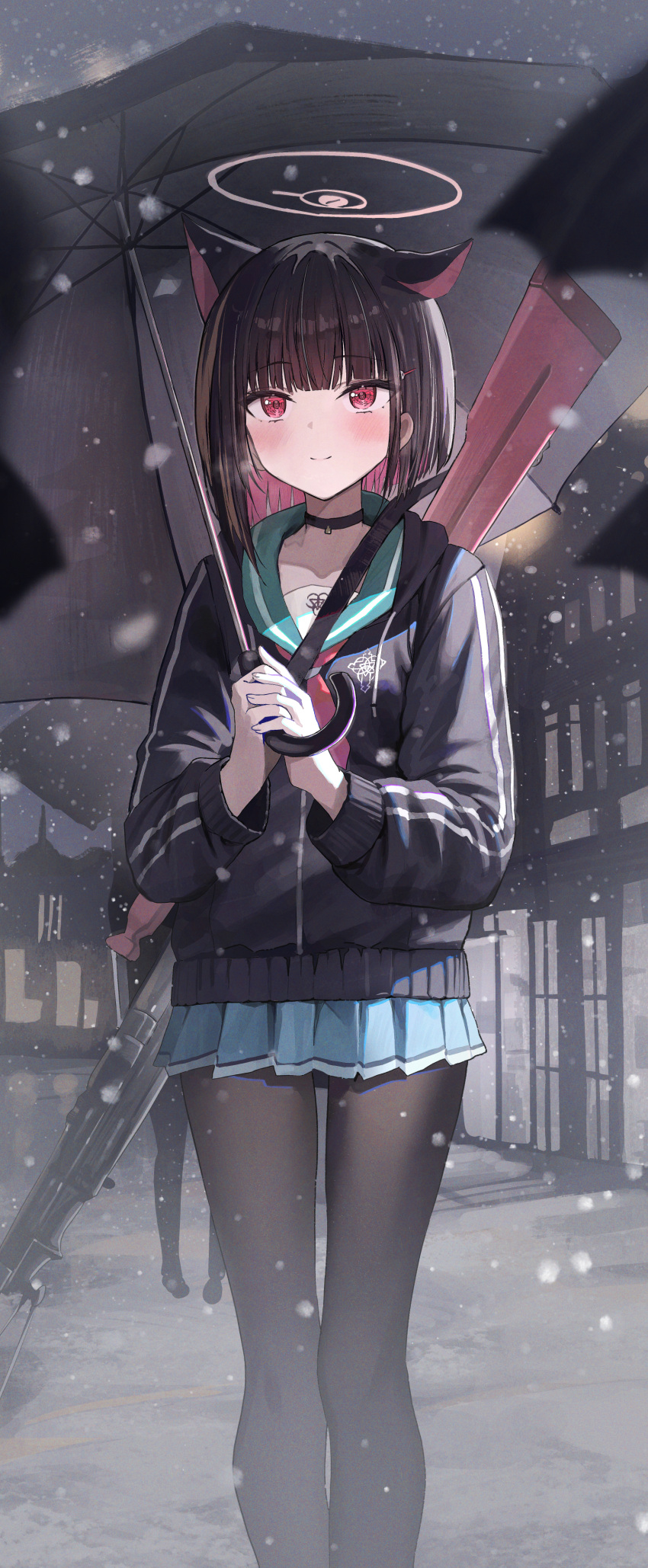 1girl absurdres animal_ears black_choker black_hair black_jacket black_pantyhose blue_archive blush cat_ears choker closed_mouth colored_inner_hair extra_ears feet_out_of_frame green_skirt hair_ornament hairclip halo hidulume highres holding holding_umbrella jacket kazusa_(blue_archive) long_sleeves multicolored_hair pantyhose pink_hair pink_halo pleated_skirt red_eyes short_hair skirt smile snow snowing solo umbrella