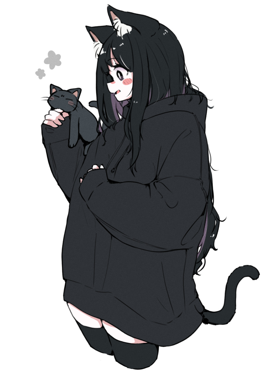 1girl animal animal_ears black_cat black_eyes black_hair black_hoodie blush bright_pupils cat cat_ears cat_girl cat_tail commentary_request cowboy_shot creature_and_personification eyelashes highres holding holding_animal hood hoodie long_hair megateru messy_hair original oversized_clothes simple_background sleeping_animal sleeves_past_wrists smile solo tail thigh-highs very_long_hair white_background white_pupils zettai_ryouiki